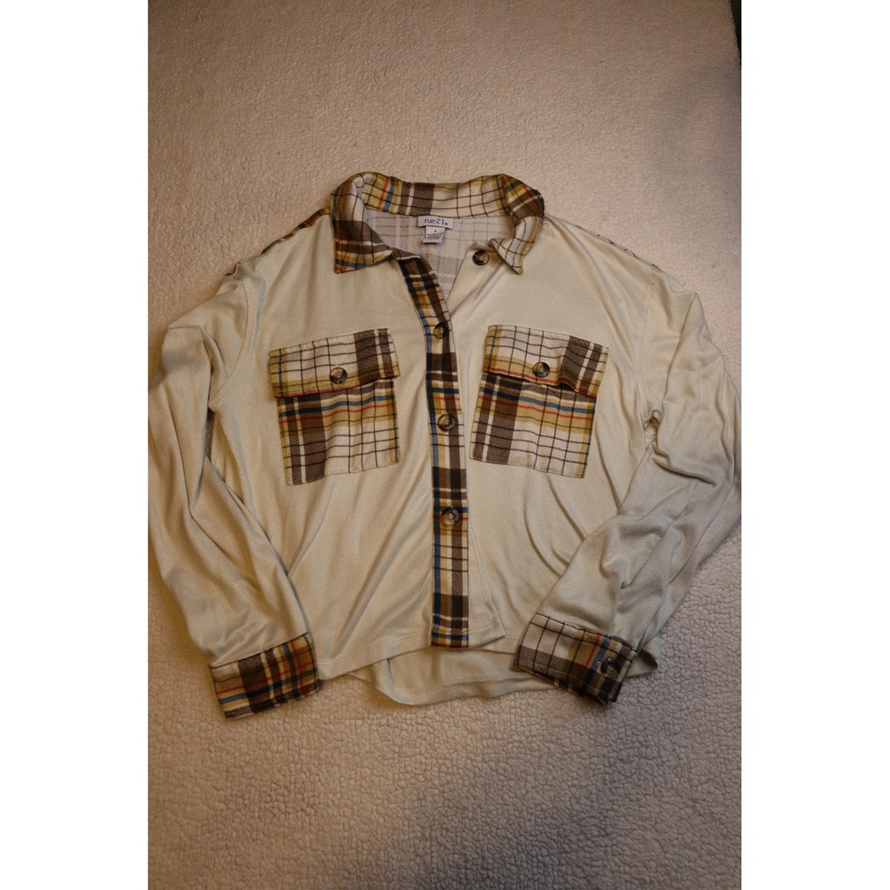 Rue21 Womens Cream Plaid Mixed Media Button Up Shirt Long Sleeve Cropped Small